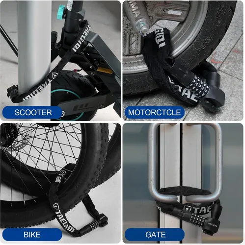 Vista 6 de Candado para bicicleta, combinación de 5 dígitos, resistente antirrobo, cadena de bicicleta y 2 llaves, 3.2 pies de largo, cerradura de bicicleta