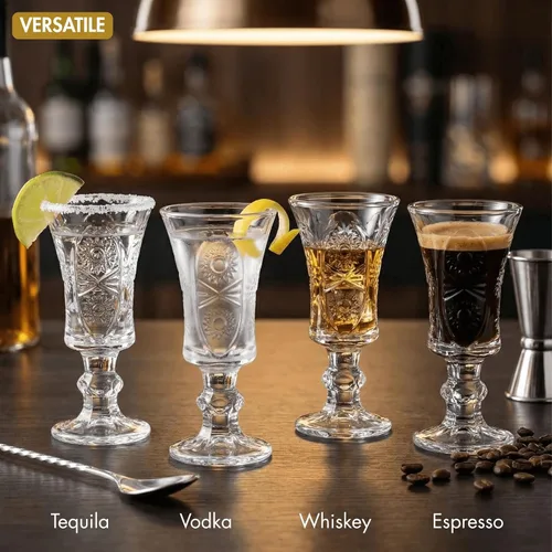 Vista 8 de Youeon Juego de 12 vasos de chupito de 1.5 onzas, vasos de chupito de vidrio grabado con base pesada, vasos pequeños para tequila, whisky, vodka