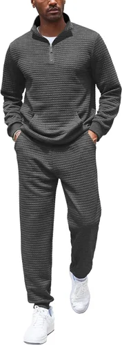 Vista 9 de COOFANDY Chándal para Hombre de 2 Piezas con Cremallera de un Cuarto Conjunto de Entrenamiento Jacquard a Cuadros para Trotar Verde militar