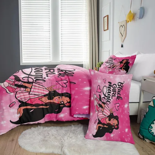 Vista 4 de Juego de edredón de niña negra tamaño individual para niños, juegos de ropa de cama mágica de niña negra, juego de edredón de princesa melanina