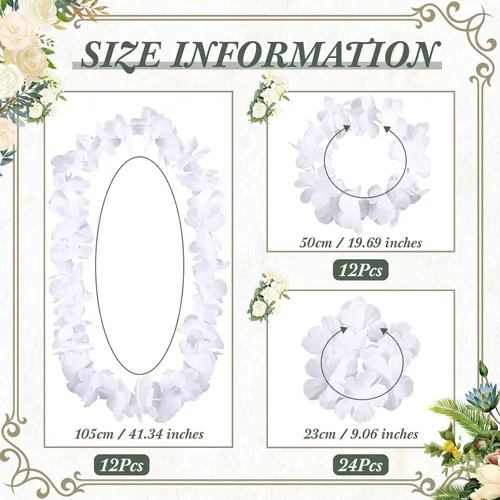 Vista 2 de Hanaive 48 piezas de flores hawaianas blancas Lei para boda a granel floral tropical Luau collar playa guirnalda hawaiana collar pulseras diadema
