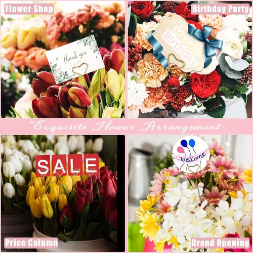 Vista 7 de 40 púas para tarjetas florales, soportes para fotos de corazón, palillo de púas para fotos, soporte para tarjetas de lugar floral dorado, clips
