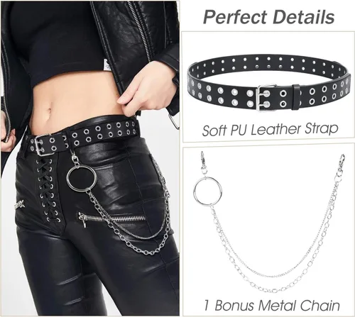 Vista 3 de SUOSDEY Cinturón de cuero con doble ojal con cadena desmontable para mujeres y hombres, cinturón negro punk con agujeros dobles tachonados para jeans