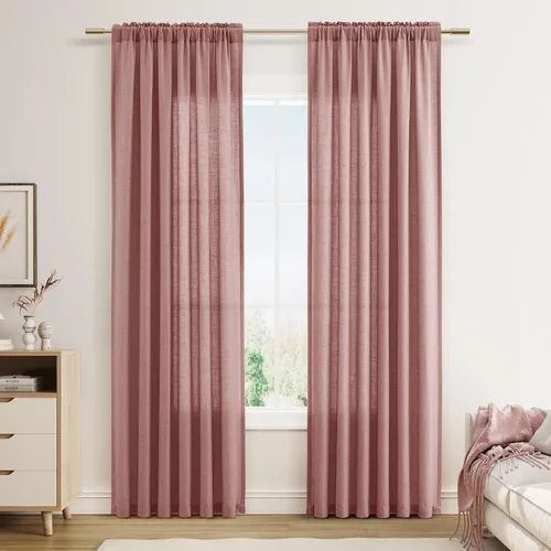 Vista 69 de Cortinas de lino verde aguamarina de 84 pulgadas de largo, juego de 2 paneles semitransparentes con bolsillo para barra para comedor, decoración