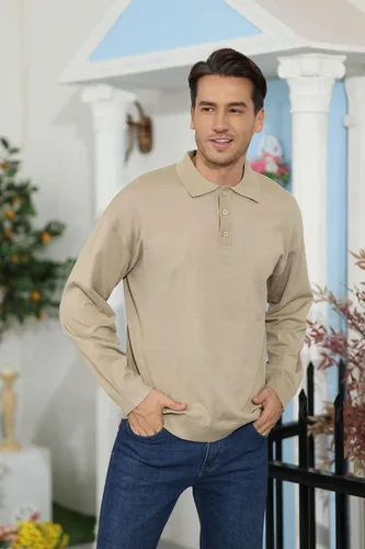 Vista 2 de Polo de punto casual para hombre, camisa clásica de manga larga, térmica, básica, con botones
