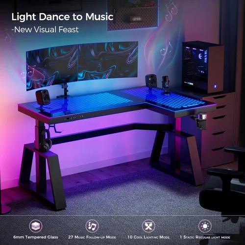 Vista 6 de EUREKA ERGONOMIC Escritorio de pie, mesa de juegos, escritorios RGB de vidrio, computadora de altura ajustable de 60 pulgadas, escritorio de esquina