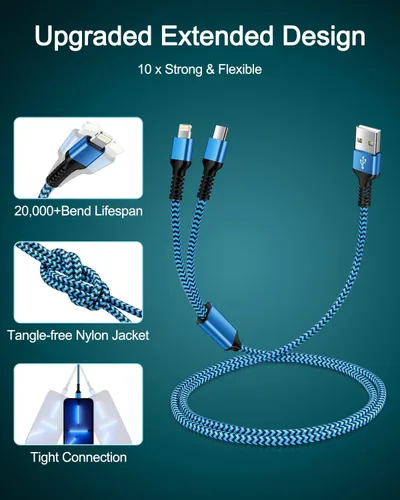 Vista 7 de para cable de carga 2 en 1 Lightning y USB-C de Apple (4 pies), USB a Lightning y USB a USB-C, cable de carga largo y rápido para iPhone 17 Air 16e
