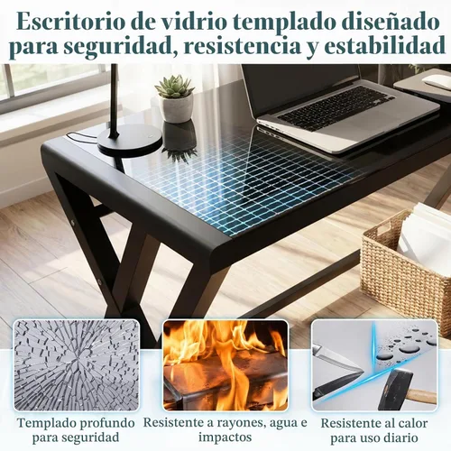 Vista 4 de SAMERY Escritorio para computadora, escritorio de oficina en casa, 55.1 pulgadas, moderno y simple, escritorio de vidrio negro, mesa de computadora