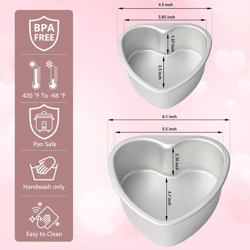 Vista 12 de Juego de 2 moldes de aluminio con forma de corazón de 4 y 6 pulgadas con parte inferior extraíble para hornear postres románticos
