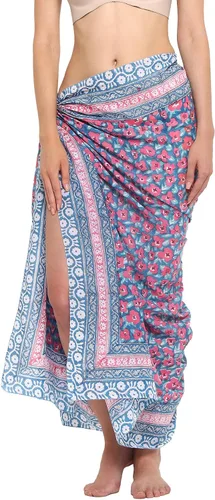 Vista 24 de parihan Traje de Baño Pareo de Playa Sarong Cubiertas para Mujeres - Falda Envolvente con Estampado a Mano Zafiro azul