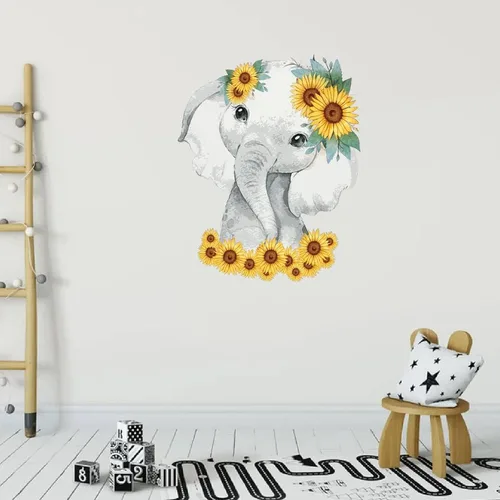 Vista 4 de Divertidos calcomanías de vinilo de elefante de animales para decorar el hogar, lindo elefante bebé con tocado de girasol, calcomanías