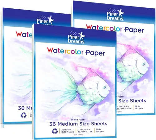 Vista 6 de 1 paquete – Total de 36 hojas de papel de acuarela (11.7 x 8.3 pulgadas) – Stock pesado (98 libras), hojas blancas sueltas. Perfecto para niños