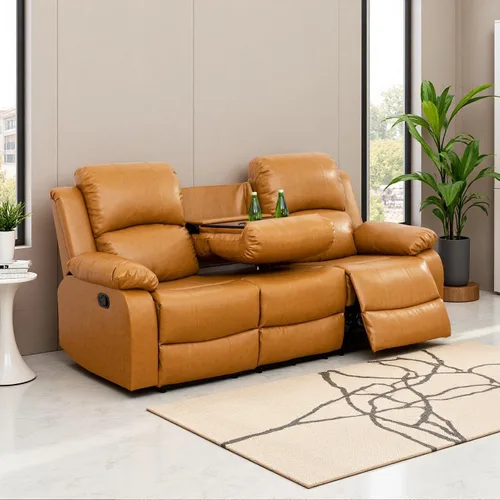 Vista 31 de Sofá reclinable manual, sofá reclinable de lujo de 3 plazas, sofá reclinable con portavasos y mesa de café, sofá de cuero sintético para sala
