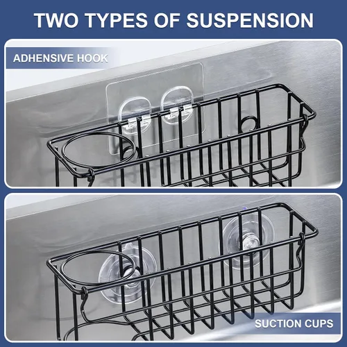 Vista 2 de Soporte de esponja 3 en 1 para fregadero de cocina, 2 opciones de suspensión (ventosas y gancho adhesivo), organizador de fregadero colgante