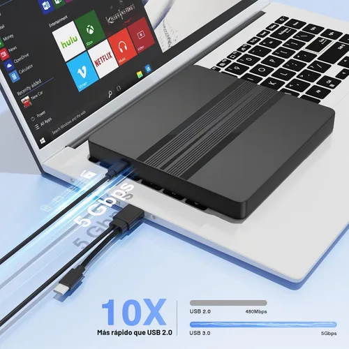 Vista 3 de Unidad externa ultrafina de CD y DVD con cable extralargo de 31.5 pulgadas