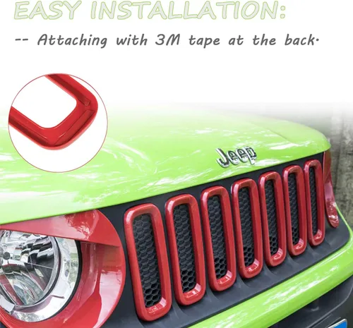 Vista 3 de Yoursme Parrilla delantera insertos malla ABS Grill Guard cubierta Trim rojo 7 unids para Jeep Renegade 2015 2016 2017 2018
