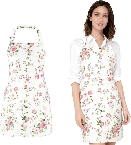 Vista 8 de Kitchen Apron, Double Sided Floral Adjustable Waterproof Apron with 2 Pockets for Baking, Salon, BBQ for Mom Wife