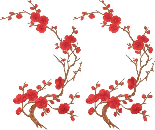 Vista 8 de MECCANIXITY 2 piezas de parches termoadhesivos de flor de ciruelo, apliques de bordado de flores para coser, apliques de decoración para agujeros