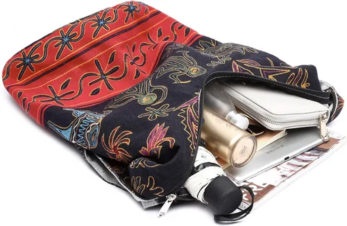 Vista 6 de Bolsa de hombro para mujer, de lona en estilo hippiebohemio para llevar cruzada al hombro, disponible en diferentes colores y estampados