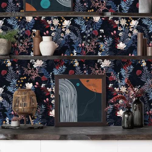 Vista 6 de VEELIKE Papel tapiz botánico oscuro para despegar y pegar, papel tapiz floral negro para dormitorio, baño, sala de estar, 17.7 x 118 pulgadas, papel