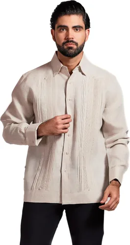 Vista 3 de Mojito - Camisa plisada de manga larga con puños franceses, 100% lino, estilo guayabera, formal, para hombre