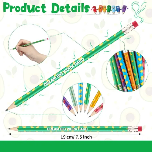 Vista 3 de 48 lápices inspiradores con aroma a fruta, lápices de frutas de colores para estudiantes, lápices de grafito motivacionales, bolígrafos cilíndricos