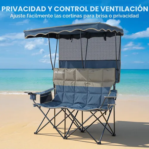 Vista 5 de Silla de playa doble con toldo, silla de camping con toldo, silla de campamento doble de gran tamaño con dosel, silla plegable de dos plazas con dos