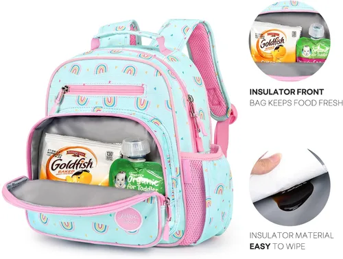 Vista 3 de mibasies Mochila para niñas y niños, ideal para niños y niñas, mochila para preescolar jardín de infantes y primaria, Rosa Arco Iris, Niñito-7L