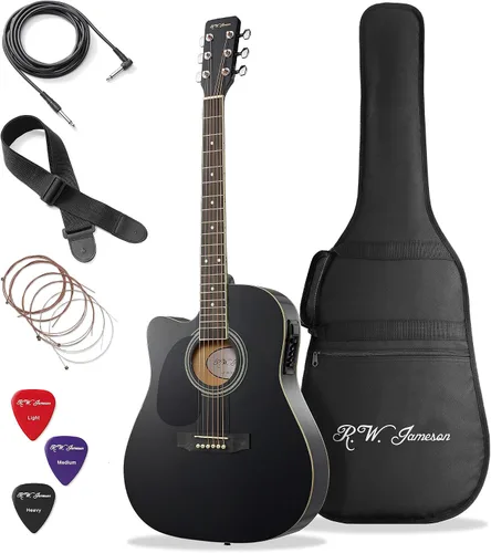 Vista 8 de Jameson Guitars - Guitarra eléctrica acústica Thinline de tamaño completo con funda y púas, negra, para diestros
