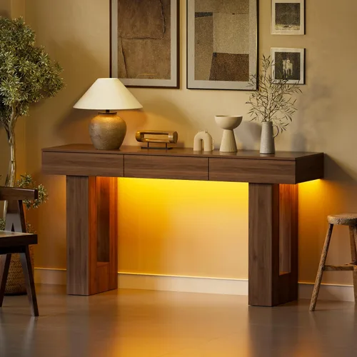 Vista 3 de PAKASEPT - Mesa de consola de 63 pulgadas con luces LED coloridas y 3 cajones, mesa de sofá rectangular de madera detrás del sofá, mesa de entrada