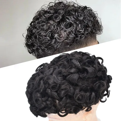 Vista 16 de Afro Toupee Hair Piece para hombres negros Encaje suizo completo Afro Hombres Toupee cabello humano rizado hombres onda unidades de cabello