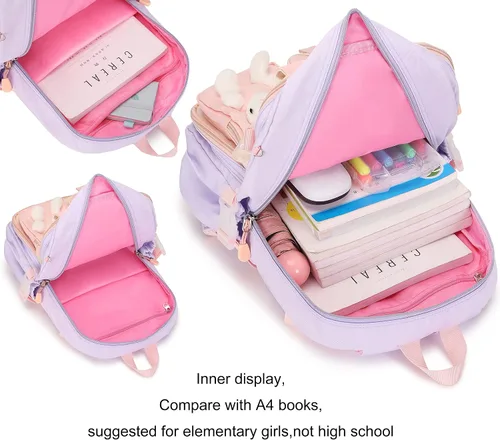 Vista 5 de Gazigo Mochila para niñas, escuela primaria, mochila de conejito para niñas, linda mochila para niños y jardín de infantes preescolar, Juego