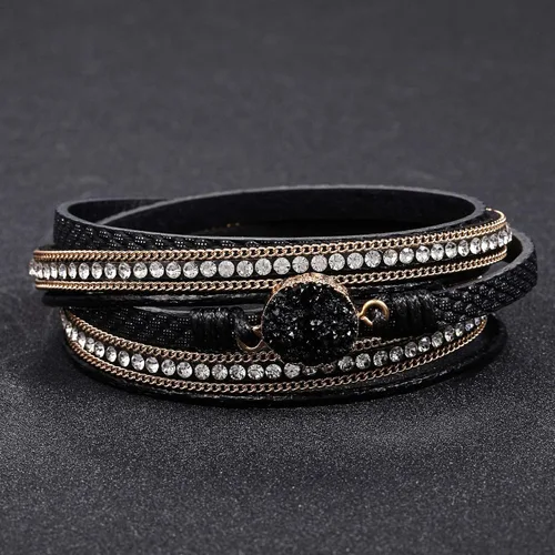 Vista 2 de Fesciory - Pulseras envolventes de cuero para mujer, brazaletes con cuentas de cristal de leopardo, estilo bohemio, multicapa