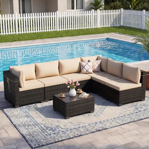 Vista 7 de LEVELEVE Juego de 7 muebles de patio al aire libre, juego seccional de conversación de ratán, sofá de mimbre de tejido manual con mesa de té Marrón