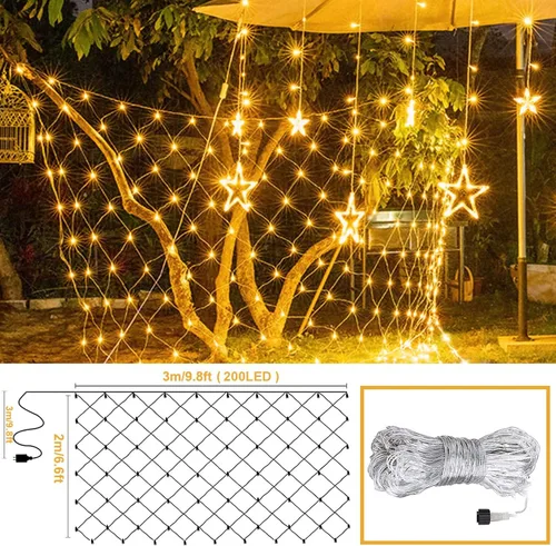 Vista 5 de JMEXSUSS Red de luces de malla para exteriores, 200 luces LED de 9.8 pies x 6.6 pies, luz de red de Navidad al aire libre, impermeable, luz