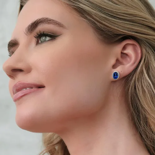 Vista 4 de Gem Stone King 3-5 Cttw Gemstone Birthstone Halo Earrings For Women 9X7MM Oval Cut 925 Sterling Silver Fine Jewelry Gifts for Her Mom Women Wife