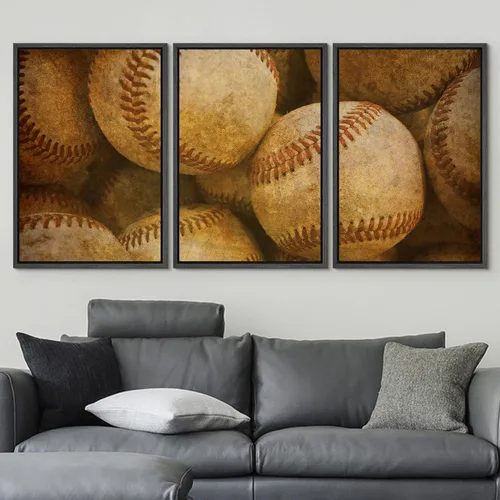 Vista 598 de wall26 Lienzo enmarcado para pared, juego de arte de primer plano, detalles de costuras de béisbol, atletas deportivos, fotografía, moderno