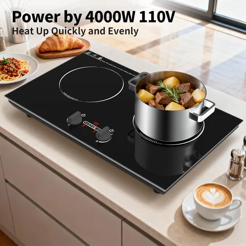 Vista 8 de VBGK Cocina de inducción, quemadores de encimera de 110 V 4000 W con control de perilla, 9 niveles de potencia, bloqueo y temporizador para niños