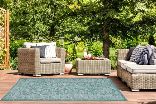 Vista 93 de SAFAVIEH Alfombra lavable al aire libre, colección Courtyard - 2'3" x 5', azul aguamarina y gris, no desprende pelusa y fácil limpieza, ideal