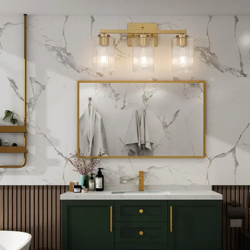 Vista 2 de Lámpara de tocador de baño dorada cepillada de 3 luces, iluminación moderna con pantalla de vidrio texturizado, accesorios de iluminación de baño