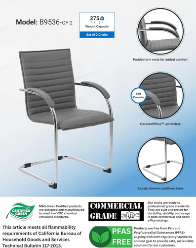 Vista 3 de Boss Office Products Boss Caressoftplus - Silla auxiliar de vinilo con marco cromado, (juego de 2), color gris