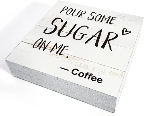 Vista 3 de Letrero de café en madera para caja de cocina y decoración del hogar, placa de madera rústica y divertida con la frase en inglés "pour some sugar on
