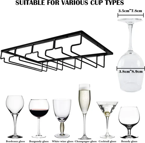 Vista 3 de Estante para copas de vino de 4 filas debajo del gabinete, soporte para copas de vino para colgar debajo del estante, soportes de alambre para copas
