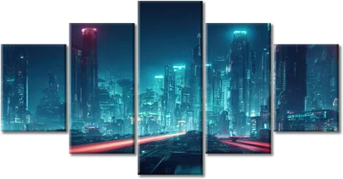 Vista 193 de Cuadros de 5 paneles de Cyberpunk City, arte de pared, representación de vallas publicitarias, edificios modernos en la capital con obras de arte