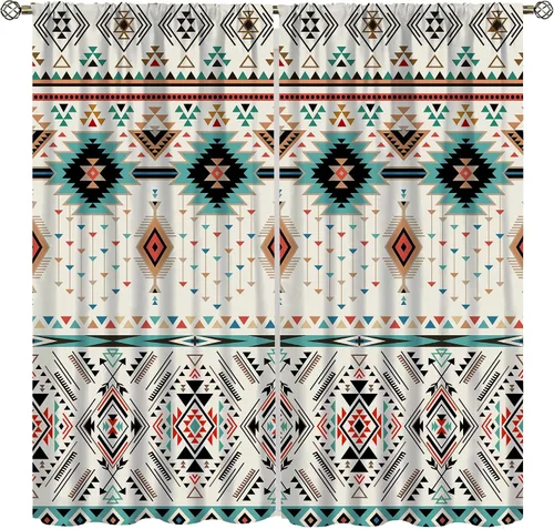 Vista 2 de YCness Cortinas aztecas para dormitorio, decoración geométrica étnica del suroeste para sala de estar, diseño tribal bohemio de elefante nativo