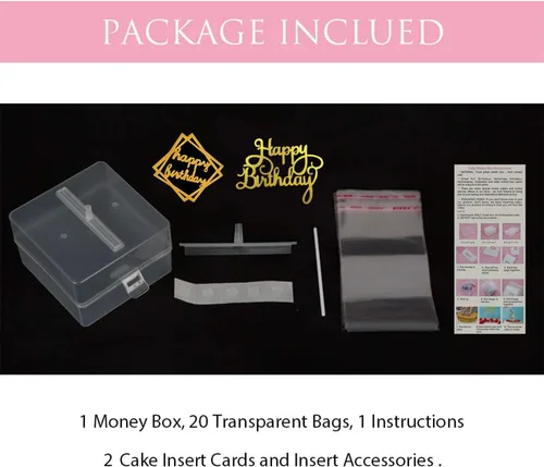 Vista 5 de Kit de extracción de dinero, caja de dinero de cumpleaños con 1 adorno para pastel de cumpleaños y 20 bolsas transparentes conectadas, decoración
