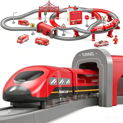 Vista 13 de Wdmiya Juegos de trenes para niños de 4 a 7 años, 104 piezas, trenes a Azul Ciudad 104 Pcs