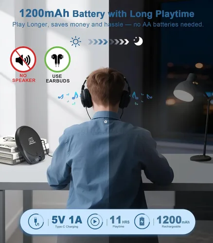 Vista 4 de Greadio - Reproductor de CD portátil con auriculares, reproductor de CD recargable para el hogar Azul