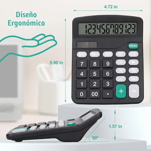 Vista 6 de Calculadora de escritorio, calculadora negra con botones grandes, pantalla LCD grande de 12 dígitos, batería solar y AA de doble potencia