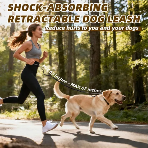 Vista 8 de Correa para perro manos libres con bolsa con cremallera, correa elástica reflectante retráctil de doble asa para perros pequeños y medianos, correr